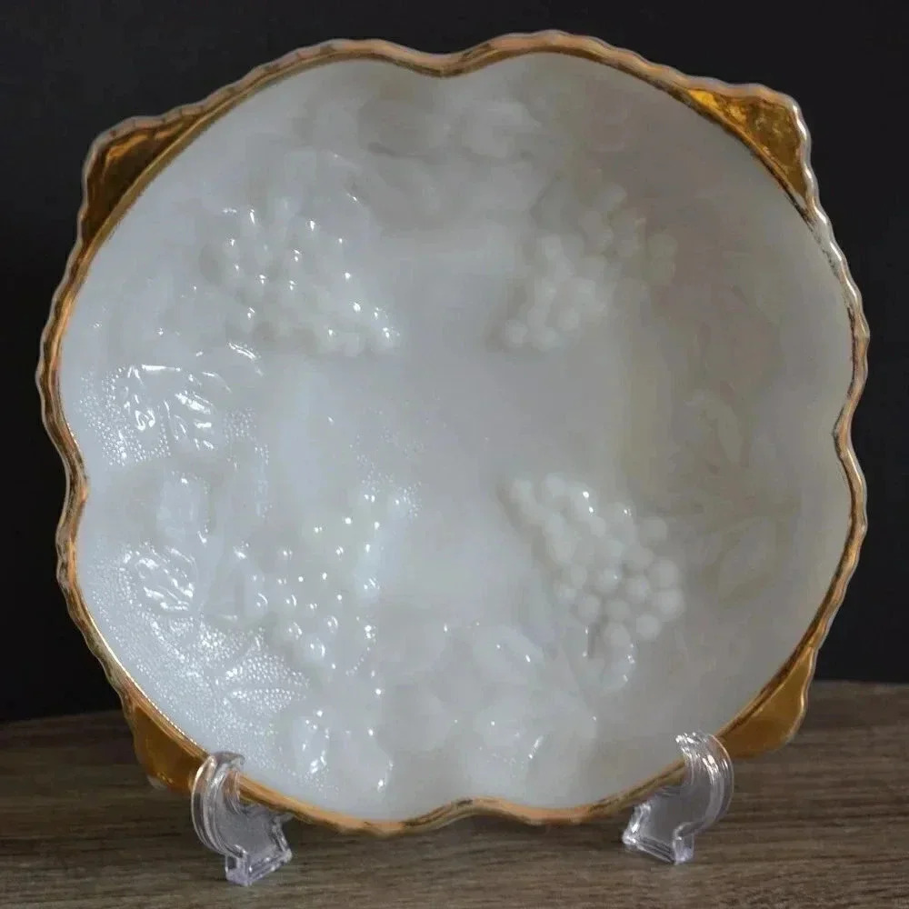 Vtg Milk Glass dish with gold edge